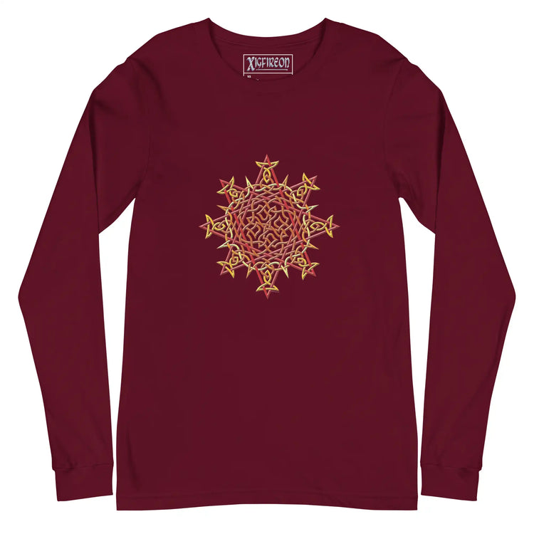 A maroon Xigfireon long sleeve graphic t-shirt featuring the Fire Colour iteration of the `Morning Star Fire` Celtic knot design. The `Morning Star Fire` Celtic knot is a Sun symbol.