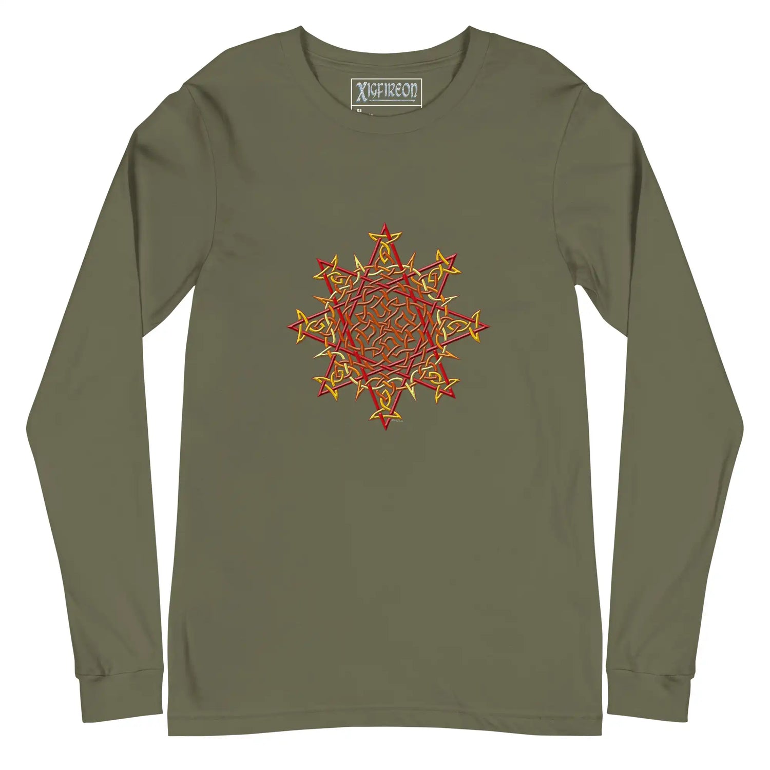 A military green Xigfireon long sleeve graphic t-shirt featuring the Fire Colour iteration of the `Morning Star Fire` Celtic knot design. The `Morning Star Fire` Celtic knot is a Sun symbol.