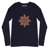 A navy blue Xigfireon long sleeve graphic t-shirt featuring the Fire Colour iteration of the `Morning Star Fire` Celtic knot design. The `Morning Star Fire` Celtic knot is a Sun symbol.