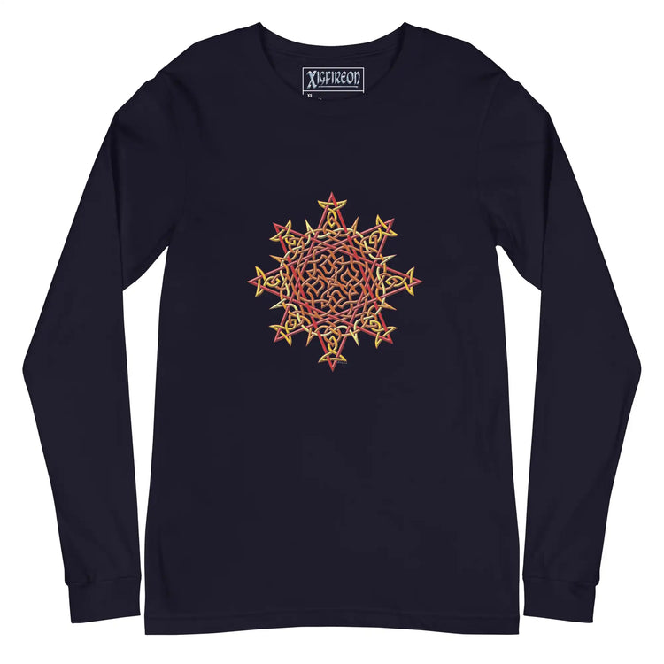 A navy blue Xigfireon long sleeve graphic t-shirt featuring the Fire Colour iteration of the `Morning Star Fire` Celtic knot design. The `Morning Star Fire` Celtic knot is a Sun symbol.