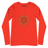 A poppy Xigfireon long sleeve graphic t-shirt featuring the Fire Colour iteration of the `Morning Star Fire` Celtic knot design. The `Morning Star Fire` Celtic knot is a Sun symbol.