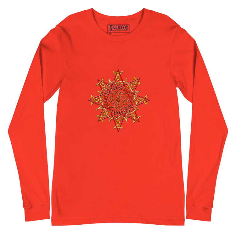 A poppy Xigfireon long sleeve graphic t-shirt featuring the Fire Colour iteration of the `Morning Star Fire` Celtic knot design. The `Morning Star Fire` Celtic knot is a Sun symbol.