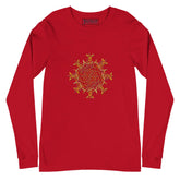 A red Xigfireon long sleeve graphic t-shirt featuring the Fire Colour iteration of the `Morning Star Fire` Celtic knot design. The `Morning Star Fire` Celtic knot is a Sun symbol.