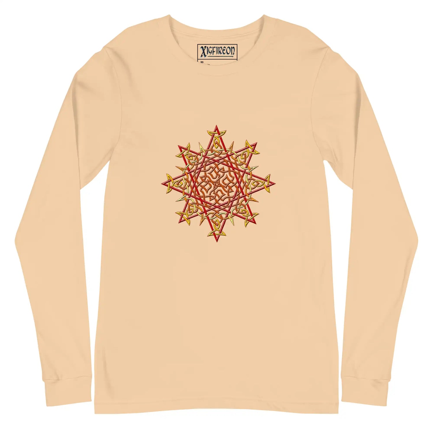 A sand dune Xigfireon long sleeve graphic t-shirt featuring the Fire Colour iteration of the `Morning Star Fire` Celtic knot design. The `Morning Star Fire` Celtic knot is a Sun symbol.
