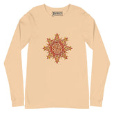 A sand dune Xigfireon long sleeve graphic t-shirt featuring the Fire Colour iteration of the `Morning Star Fire` Celtic knot design. The `Morning Star Fire` Celtic knot is a Sun symbol.