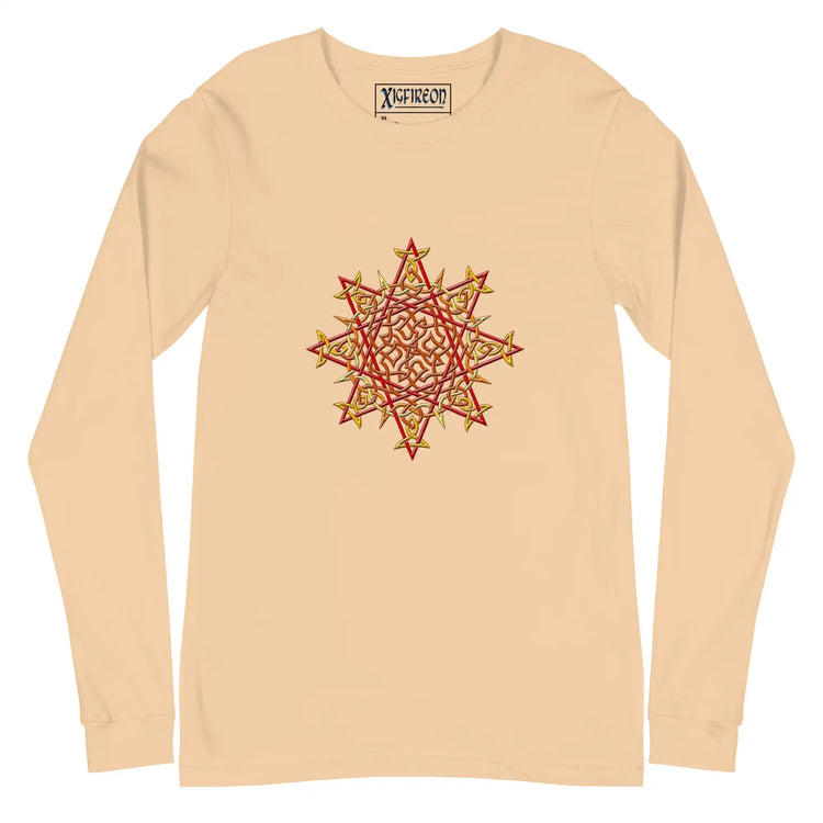 A sand dune Xigfireon long sleeve graphic t-shirt featuring the Fire Colour iteration of the `Morning Star Fire` Celtic knot design. The `Morning Star Fire` Celtic knot is a Sun symbol.