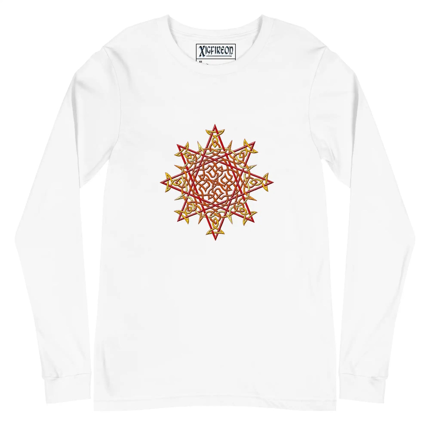 A white Xigfireon long sleeve graphic t-shirt featuring the Fire Colour iteration of the `Morning Star Fire` Celtic knot design. The `Morning Star Fire` Celtic knot is a Sun symbol.
