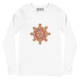 A white Xigfireon long sleeve graphic t-shirt featuring the Fire Colour iteration of the `Morning Star Fire` Celtic knot design. The `Morning Star Fire` Celtic knot is a Sun symbol.