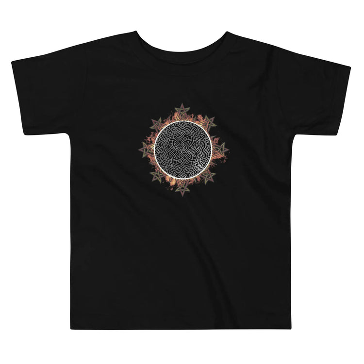 A black Xigfireon toddler graphic t-shirt featuring the Eclipsed iteration of the `Morning Star Fire` Celtic knot design. The `Morning Star Fire` Celtic knot represents Father Sun.