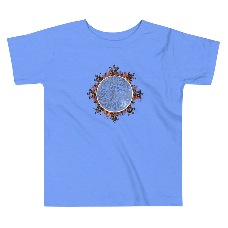 A heather Columbia blue Xigfireon toddler graphic t-shirt featuring the Eclipsed iteration of the `Morning Star Fire` Celtic knot design. The `Morning Star Fire` Celtic knot represents Father Sun.