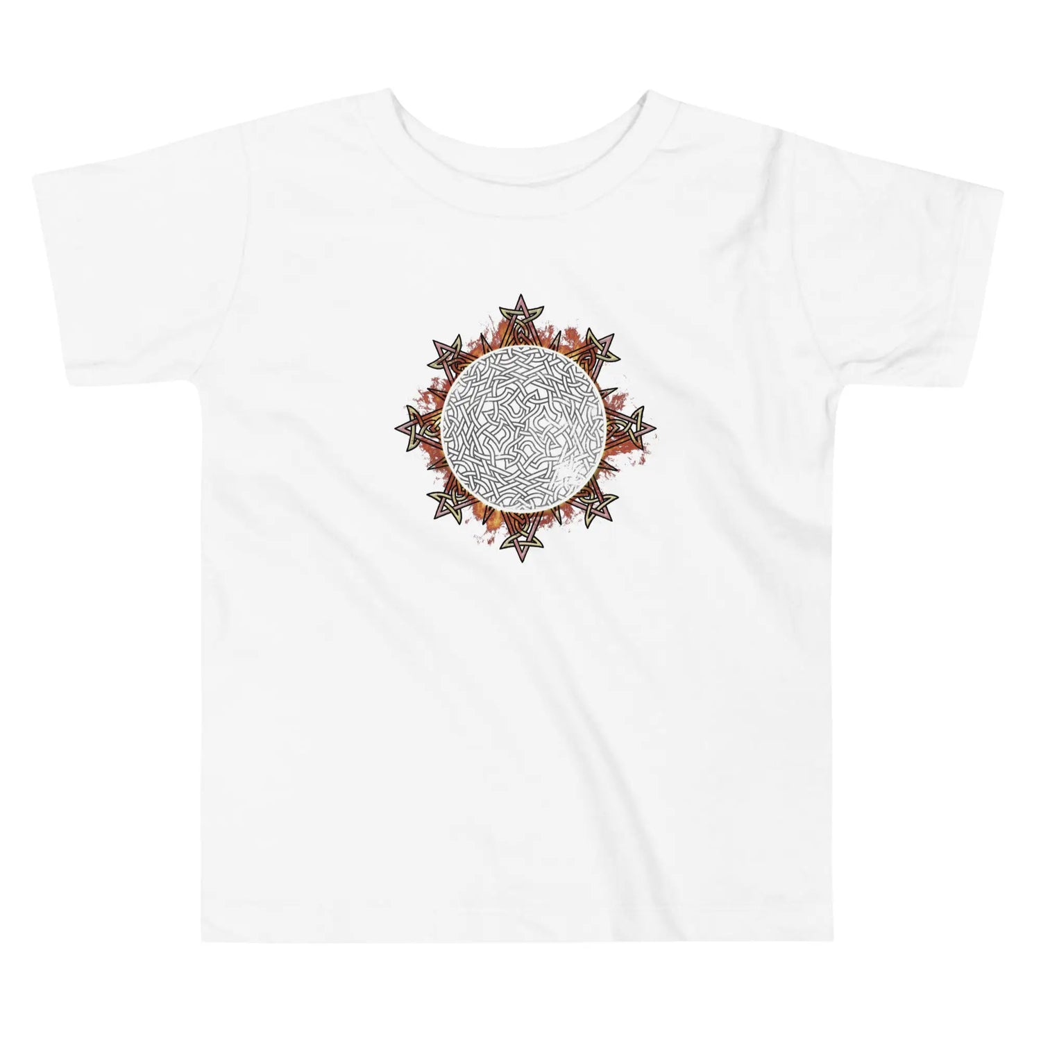 A white Xigfireon toddler graphic t-shirt featuring the Eclipsed iteration of the `Morning Star Fire` Celtic knot design. The `Morning Star Fire` Celtic knot represents Father Sun.