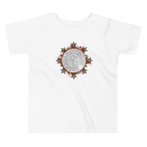 A white Xigfireon toddler graphic t-shirt featuring the Eclipsed iteration of the `Morning Star Fire` Celtic knot design. The `Morning Star Fire` Celtic knot represents Father Sun.