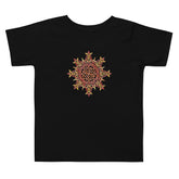 A black Xigfireon toddler graphic t-shirt featuring the Fire Colour iteration of the `Morning Star Fire` Celtic knot design. The `Morning Star Fire` Celtic knot represents the Sun.