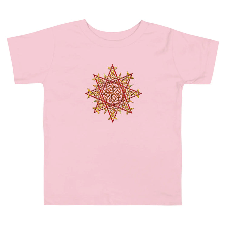 A pink Xigfireon toddler graphic t-shirt featuring the Fire Colour iteration of the `Morning Star Fire` Celtic knot design. The `Morning Star Fire` Celtic knot represents the Sun.