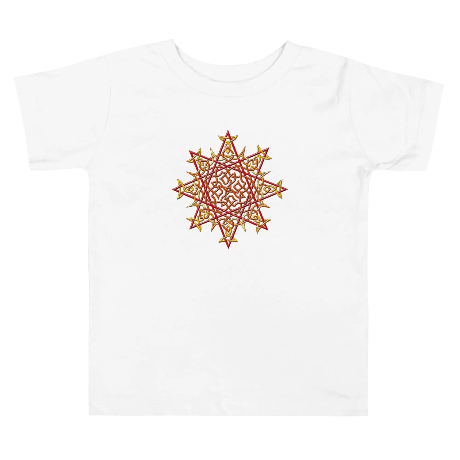 A white Xigfireon toddler graphic t-shirt featuring the Fire Colour iteration of the `Morning Star Fire` Celtic knot design. The `Morning Star Fire` Celtic knot represents the Sun.