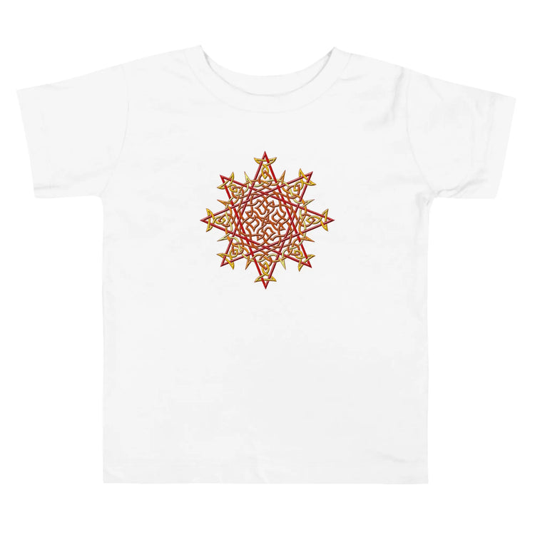 A white Xigfireon toddler graphic t-shirt featuring the Fire Colour iteration of the `Morning Star Fire` Celtic knot design. The `Morning Star Fire` Celtic knot represents the Sun.