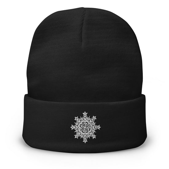 A black Xigfireon knit beanie embroidered with the White iteration of the `Morning Star Fire` Celtic knot design.