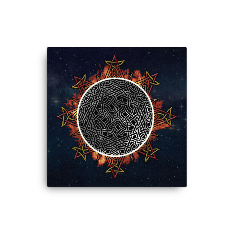 A 12" x 12" canvas print of the Eclipsed iteration of the `Morning Star Fire` Celtic knot design amidst a sky of faint stars. Inspired by the 2023 Annular Solar Eclipse.