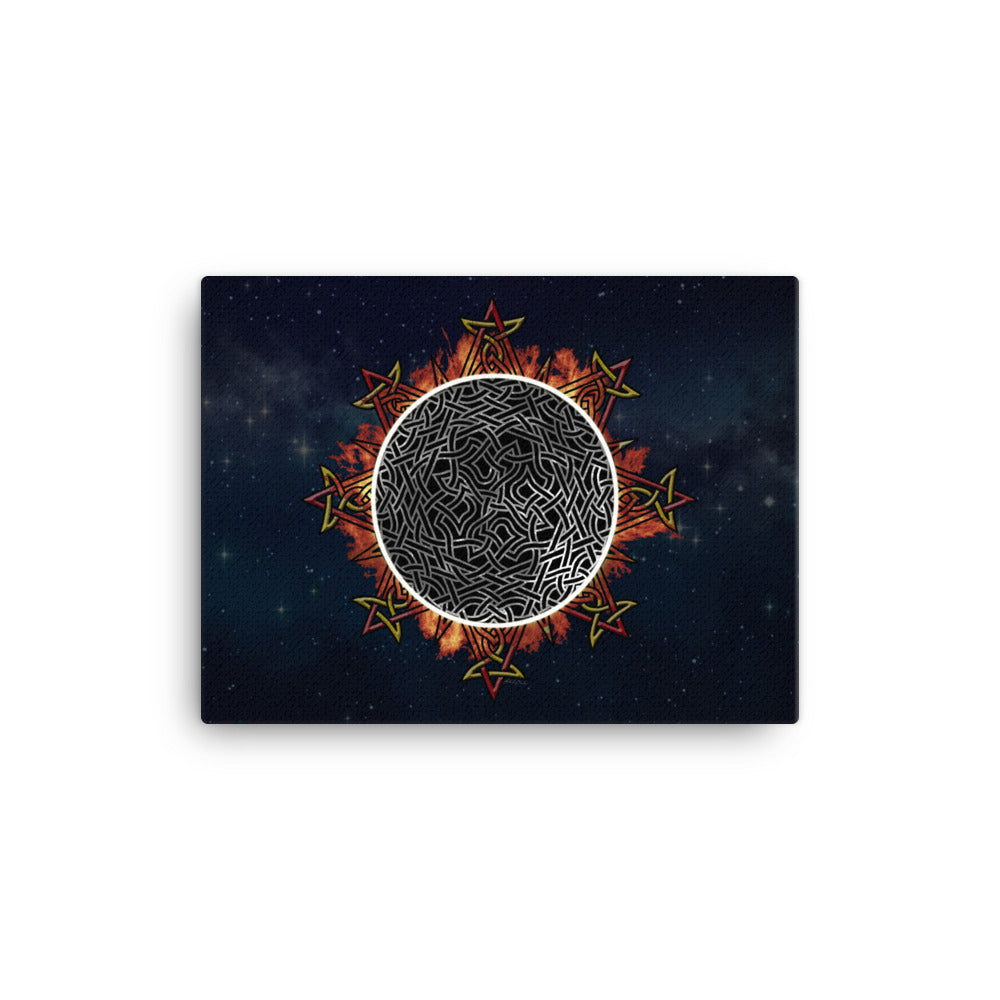 A 12" x 16" canvas print of the Eclipsed iteration of the `Morning Star Fire` Celtic knot design amidst a sky of faint stars. Inspired by the 2023 Annular Solar Eclipse.