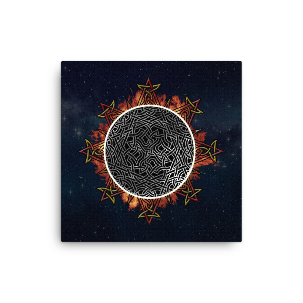 A 16" x 16" canvas print of the Eclipsed iteration of the `Morning Star Fire` Celtic knot design amidst a sky of faint stars. Inspired by the 2023 Annular Solar Eclipse.