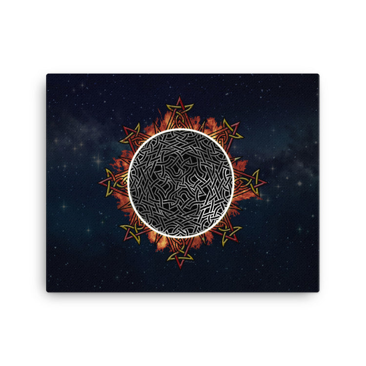 A 16" x 20" canvas print of the Eclipsed iteration of the `Morning Star Fire` Celtic knot design amidst a sky of faint stars. Inspired by the 2023 Annular Solar Eclipse.