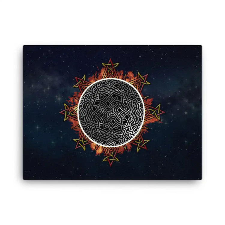 A 18" x 24" canvas print of the Eclipsed iteration of the `Morning Star Fire` Celtic knot design amidst a sky of faint stars. Inspired by the 2023 Annular Solar Eclipse.
