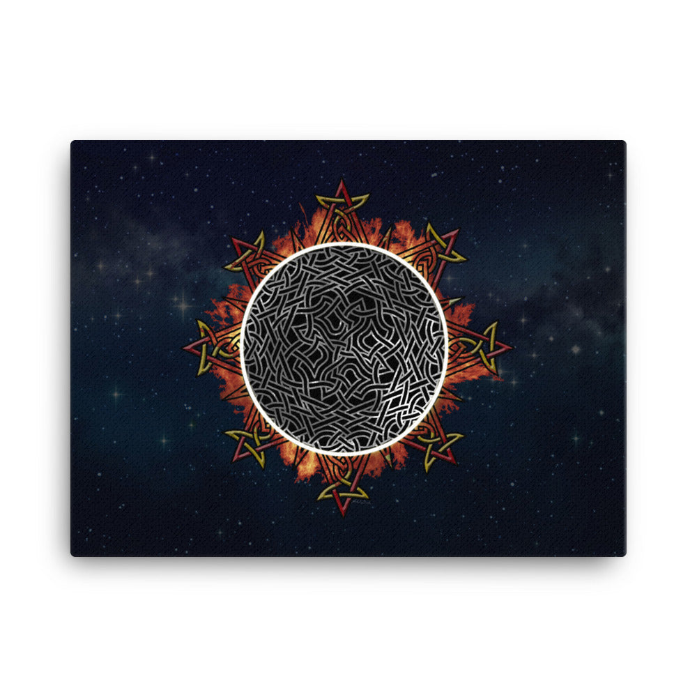 A 18" x 24" canvas print of the Eclipsed iteration of the `Morning Star Fire` Celtic knot design amidst a sky of faint stars. Inspired by the 2023 Annular Solar Eclipse.