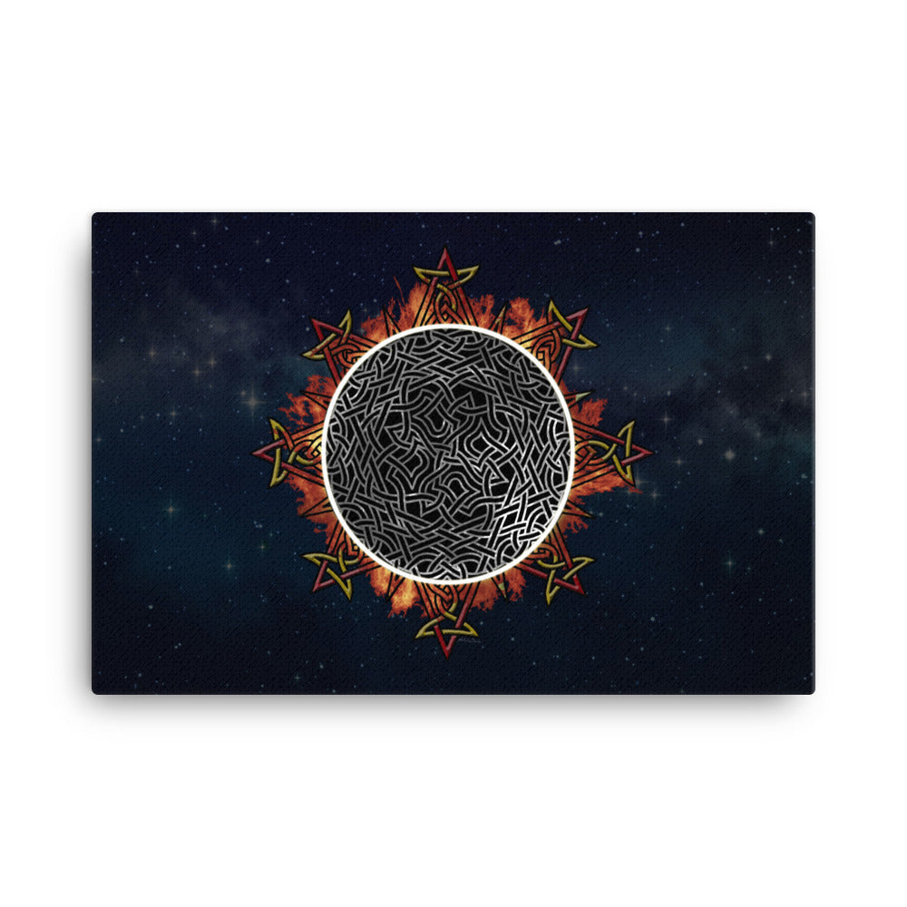 A 24" x 36" canvas print of the Eclipsed iteration of the `Morning Star Fire` Celtic knot design amidst a sky of faint stars. Inspired by the 2023 Annular Solar Eclipse.