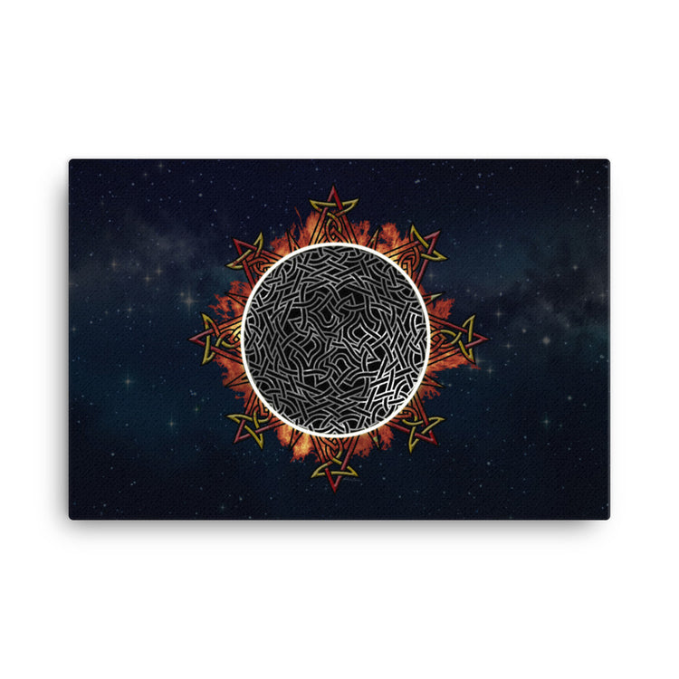 A 24" x 36" canvas print of the Eclipsed iteration of the `Morning Star Fire` Celtic knot design amidst a sky of faint stars. Inspired by the 2023 Annular Solar Eclipse.