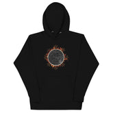 A black Xigfireon graphic hoodie featuring the Eclipsed iteration of the `Morning Star Fire` Celtic knot design, inspired by the 2023 Annular Solar Eclipse.