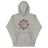 A carbon grey Xigfireon graphic hoodie featuring the Eclipsed iteration of the `Morning Star Fire` Celtic knot design, inspired by the 2023 Annular Solar Eclipse.