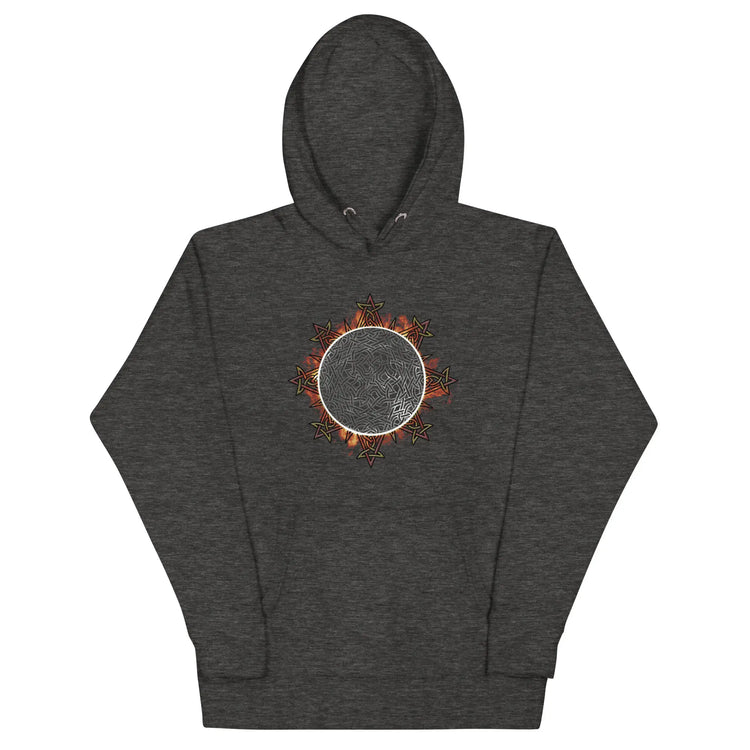 A charcoal heather Xigfireon graphic hoodie featuring the Eclipsed iteration of the `Morning Star Fire` Celtic knot design, inspired by the 2023 Annular Solar Eclipse.