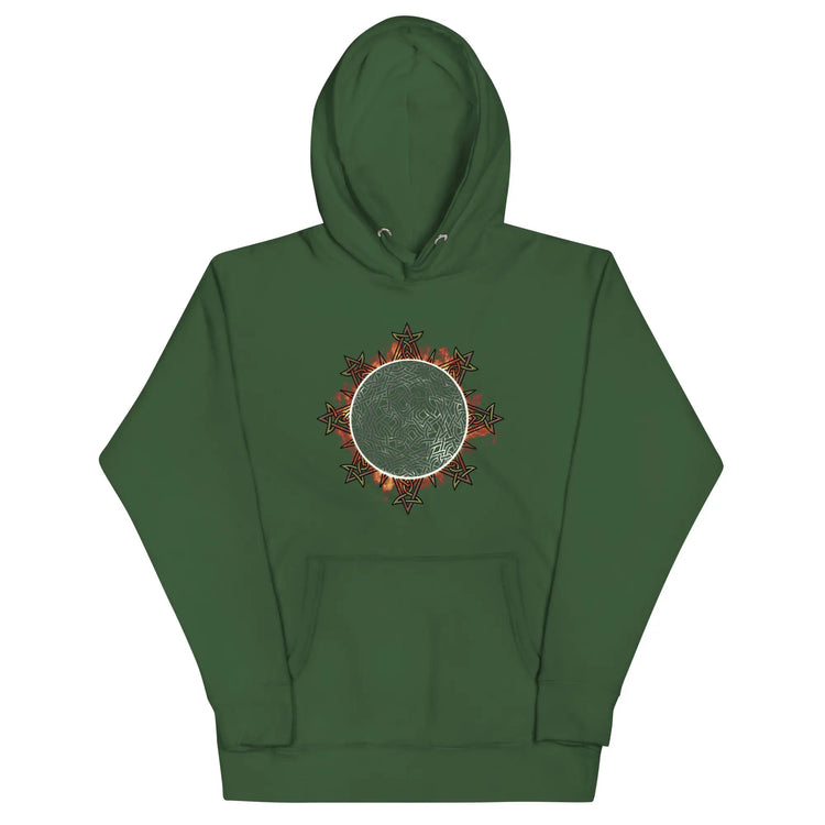 A forest green Xigfireon graphic hoodie featuring the Eclipsed iteration of the `Morning Star Fire` Celtic knot design, inspired by the 2023 Annular Solar Eclipse.