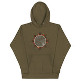 A military green Xigfireon graphic hoodie featuring the Eclipsed iteration of the `Morning Star Fire` Celtic knot design, inspired by the 2023 Annular Solar Eclipse.