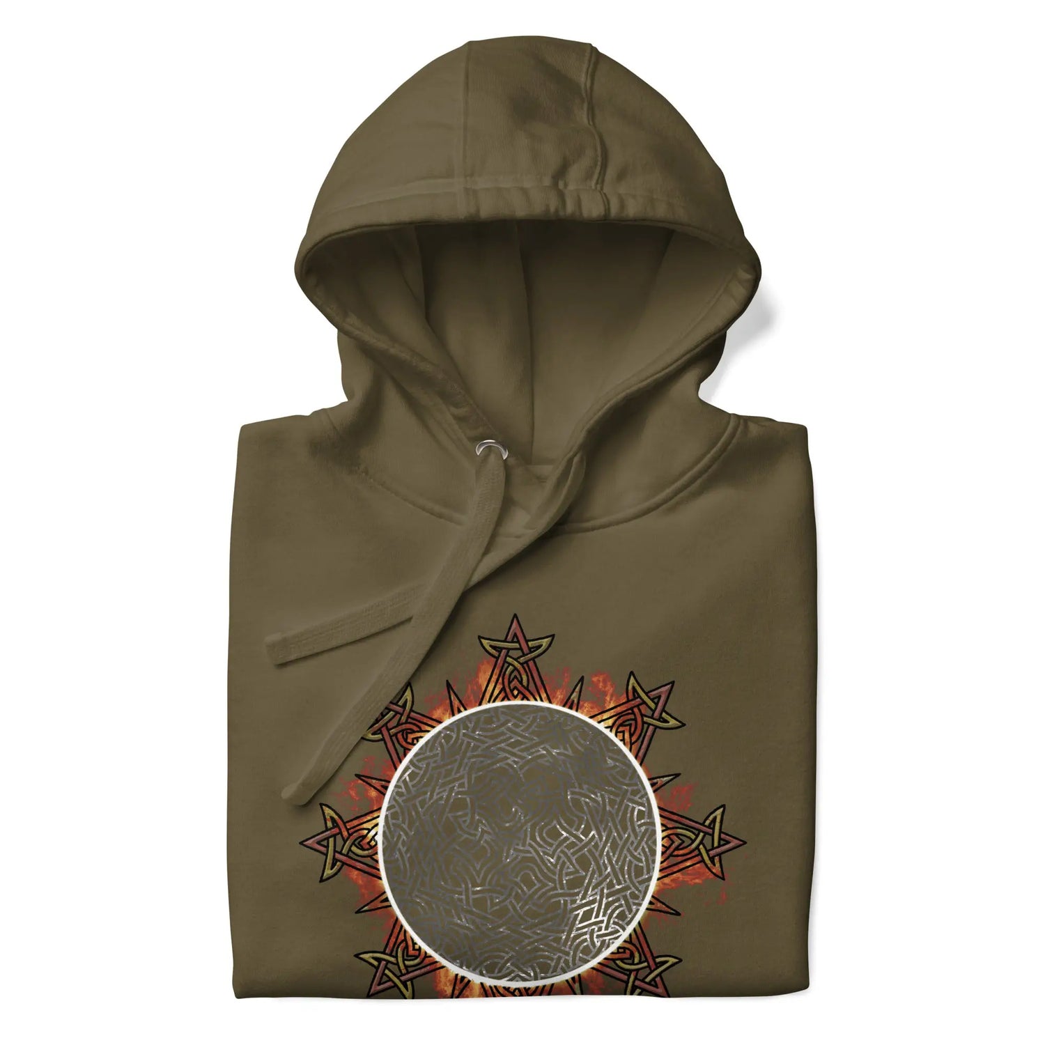 A folded military green Xigfireon graphic hoodie featuring the Eclipsed iteration of the `Morning Star Fire` Celtic knot design, inspired by the 2023 Annular Solar Eclipse.