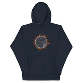 A navy blazer blue Xigfireon graphic hoodie featuring the Eclipsed iteration of the `Morning Star Fire` Celtic knot design, inspired by the 2023 Annular Solar Eclipse.