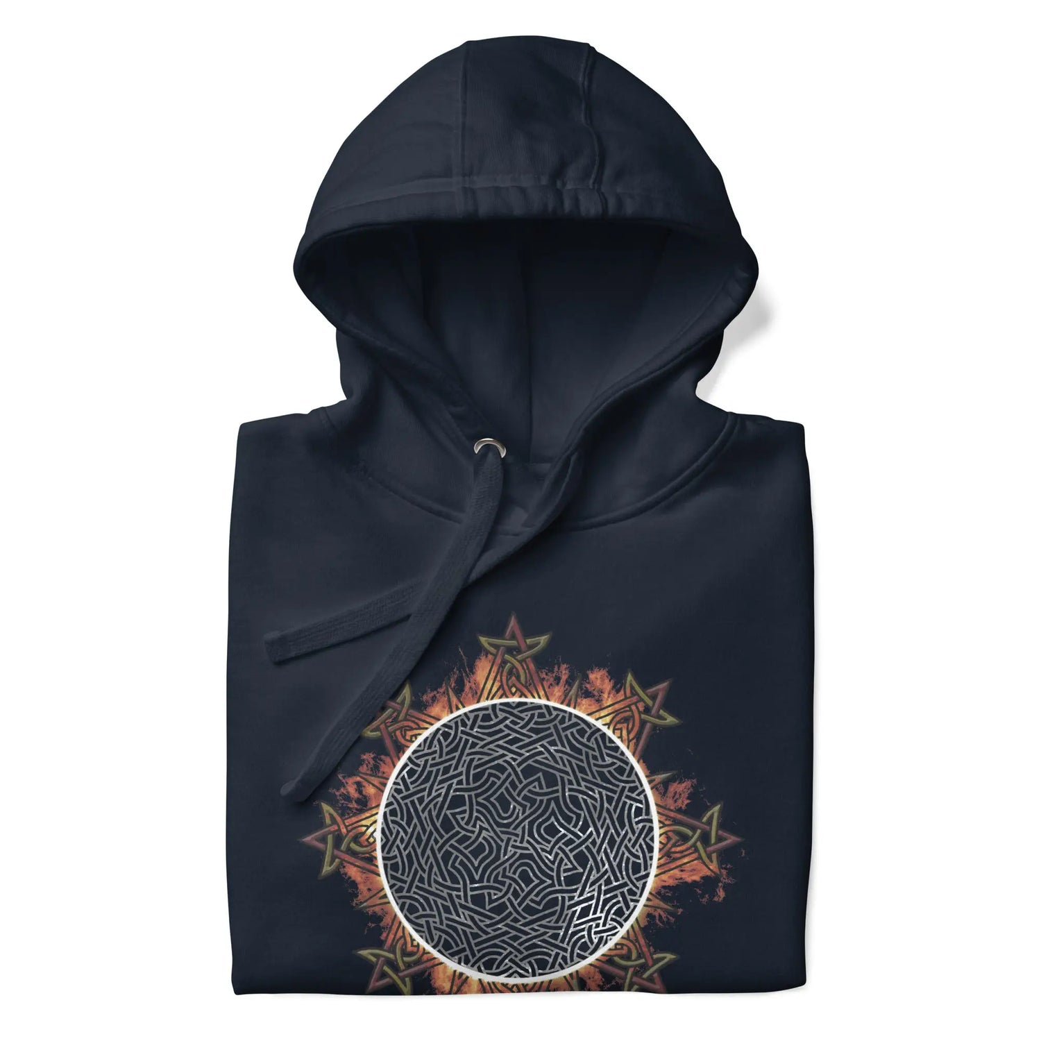 A folded navy blazer blue Xigfireon graphic hoodie featuring the Eclipsed iteration of the `Morning Star Fire` Celtic knot design, inspired by the 2023 Annular Solar Eclipse.