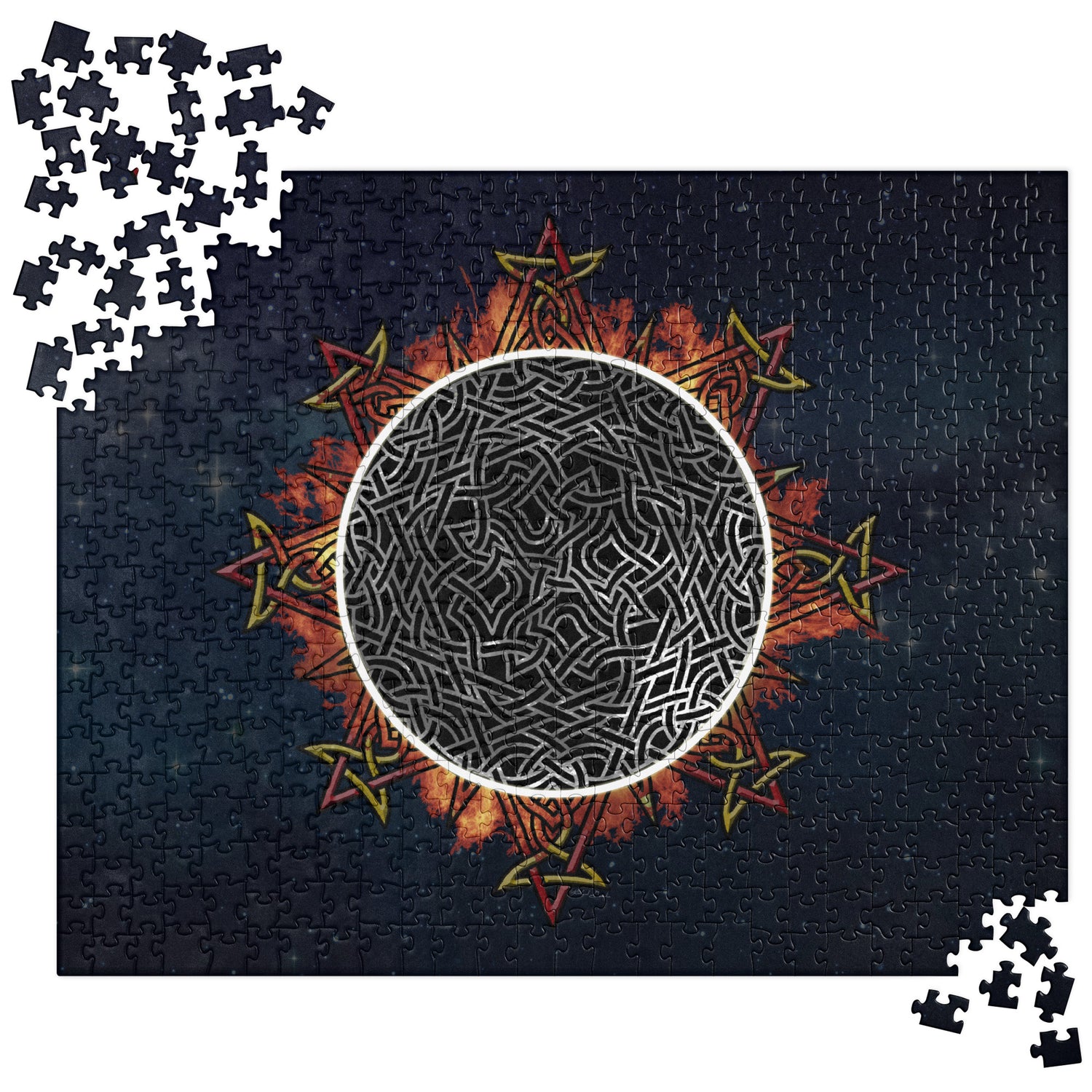 A 520 piece jigsaw puzzle featuring the Eclipsed iteration of the `Morning Star Fire` Celtic knot design. Inspired by the 2023 Annular Solar Eclipse..