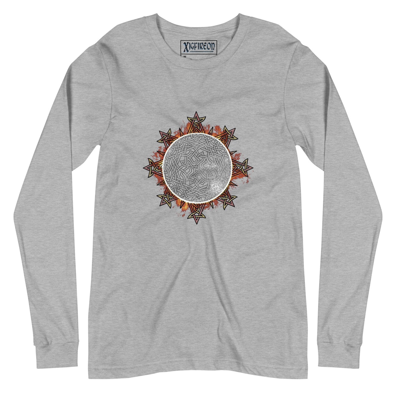 An athletic heather Xigfireon long sleeve graphic tee featuring the Eclipsed iteration of the `Morning Star Fire` Celtic knot design, inspired by the 2023 Annular Solar Eclipse.