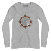 An athletic heather Xigfireon long sleeve graphic tee featuring the Eclipsed iteration of the `Morning Star Fire` Celtic knot design, inspired by the 2023 Annular Solar Eclipse.