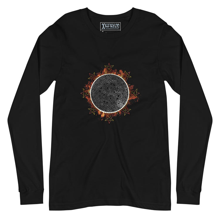 A black Xigfireon long sleeve graphic tee featuring the Eclipsed iteration of the `Morning Star Fire` Celtic knot design, inspired by the 2023 Annular Solar Eclipse.