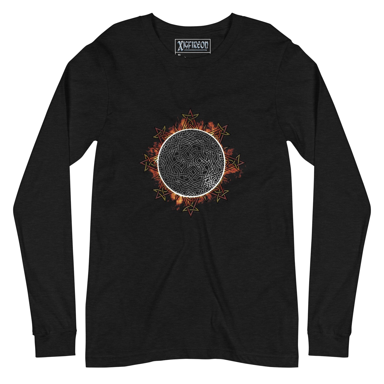 A black Xigfireon long sleeve graphic tee featuring the Eclipsed iteration of the `Morning Star Fire` Celtic knot design, inspired by the 2023 Annular Solar Eclipse.