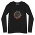 A black Xigfireon long sleeve graphic tee featuring the Eclipsed iteration of the `Morning Star Fire` Celtic knot design, inspired by the 2023 Annular Solar Eclipse.