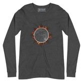 A dark grey heather Xigfireon long sleeve graphic tee featuring the Eclipsed iteration of the `Morning Star Fire` Celtic knot design, inspired by the 2023 Annular Solar Eclipse.