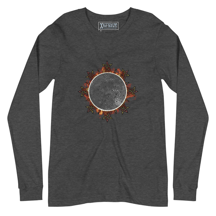 A dark grey heather Xigfireon long sleeve graphic tee featuring the Eclipsed iteration of the `Morning Star Fire` Celtic knot design, inspired by the 2023 Annular Solar Eclipse.