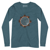 A heather deep teal Xigfireon long sleeve graphic tee featuring the Eclipsed iteration of the `Morning Star Fire` Celtic knot design, inspired by the 2023 Annular Solar Eclipse.