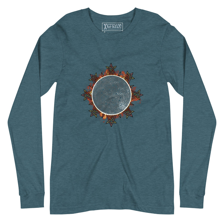 A heather deep teal Xigfireon long sleeve graphic tee featuring the Eclipsed iteration of the `Morning Star Fire` Celtic knot design, inspired by the 2023 Annular Solar Eclipse.