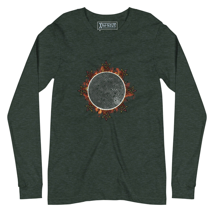 A heather forest green Xigfireon long sleeve graphic tee featuring the Eclipsed iteration of the `Morning Star Fire` Celtic knot design, inspired by the 2023 Annular Solar Eclipse.