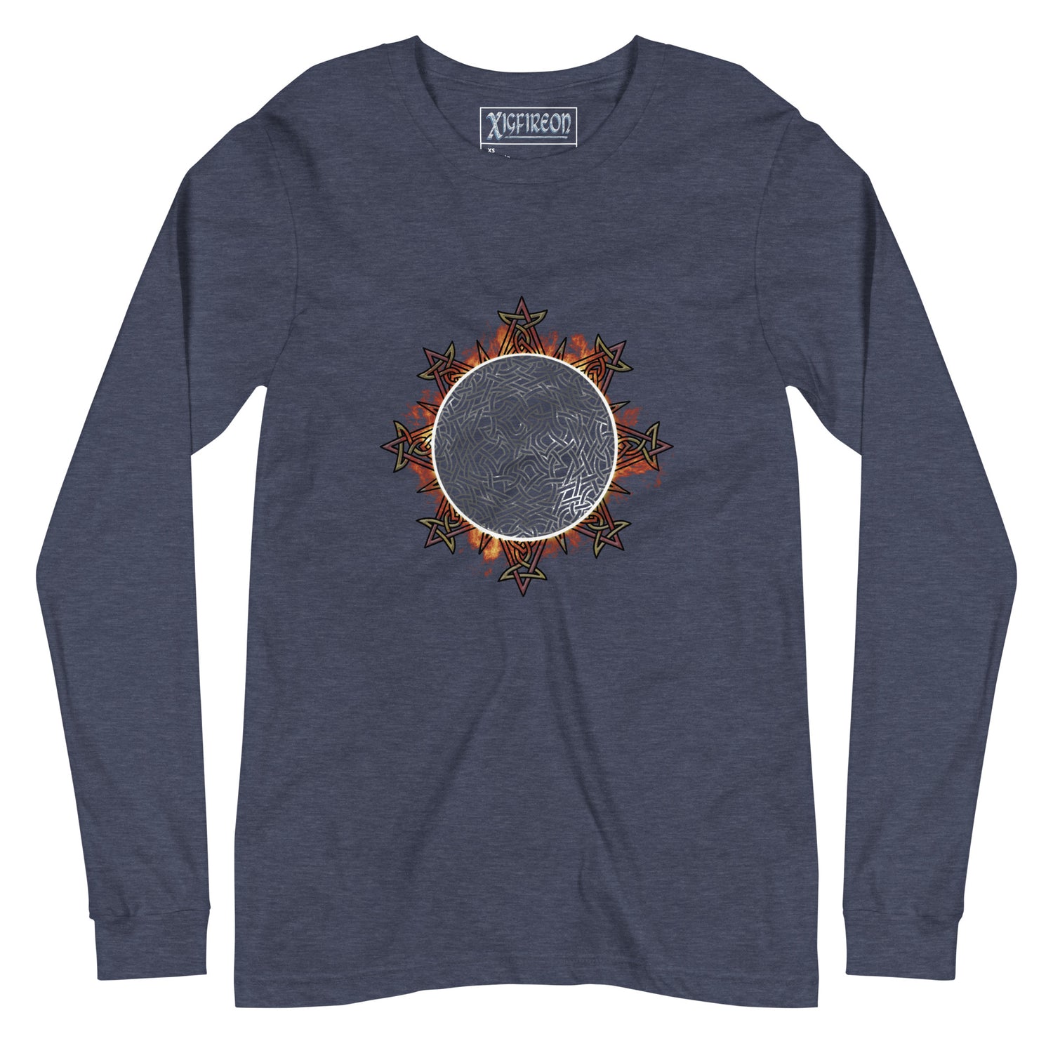 A heather navy blue Xigfireon long sleeve graphic tee featuring the Eclipsed iteration of the `Morning Star Fire` Celtic knot design, inspired by the 2023 Annular Solar Eclipse.