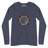 A heather navy blue Xigfireon long sleeve graphic tee featuring the Eclipsed iteration of the `Morning Star Fire` Celtic knot design, inspired by the 2023 Annular Solar Eclipse.